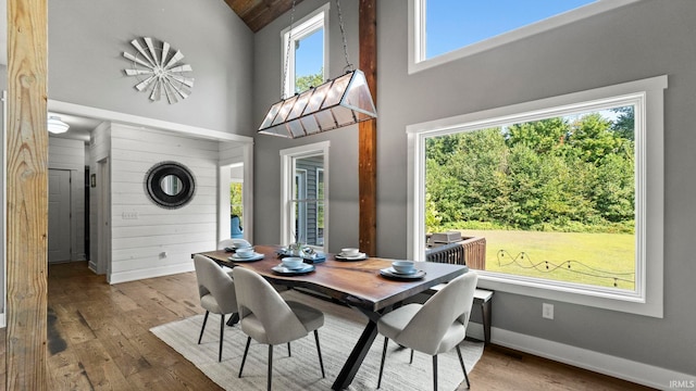 dining area with wood walls, hardwood / wood-style floors, and a wealth of natural light