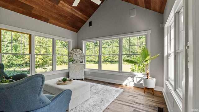 sunroom with ceiling fan, lofted ceiling, and wood ceiling