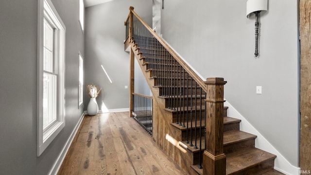 stairs with hardwood / wood-style floors