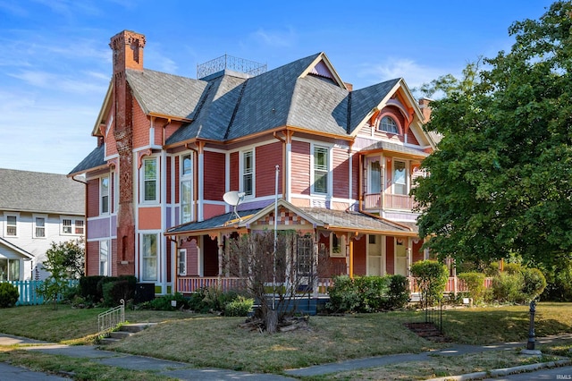 view of front of house with a front yard and covered porch