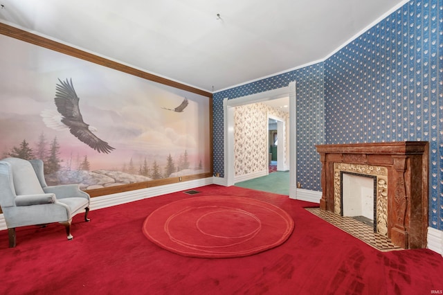 living area featuring carpet floors and ornamental molding