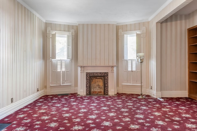 unfurnished living room featuring ornamental molding