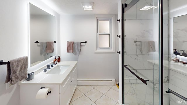 10922 N Lower Lakeshore Dr, Monticello, IN 47960 - full bathroom with a baseboard radiator, tile patterned flooring, vanity, and a marble finish shower