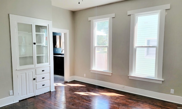 unfurnished bedroom with sink and dark hardwood / wood-style flooring