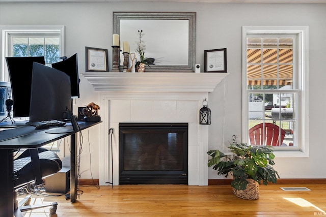 details featuring hardwood / wood-style flooring and a fireplace