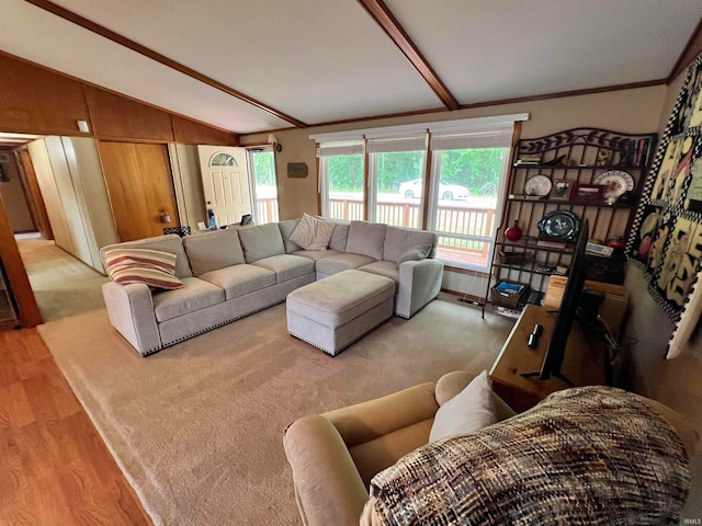 living room featuring lofted ceiling with beams and light hardwood / wood-style floors