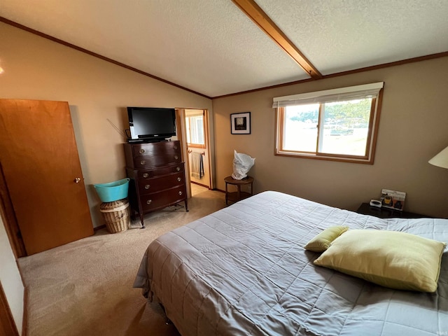 carpeted bedroom with a textured ceiling and lofted ceiling