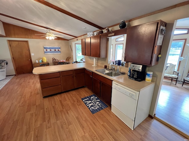 kitchen featuring ceiling fan, white dishwasher, sink, kitchen peninsula, and light hardwood / wood-style flooring