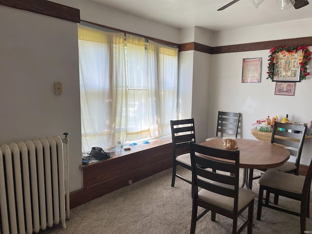 carpeted dining area featuring ceiling fan and radiator heating unit