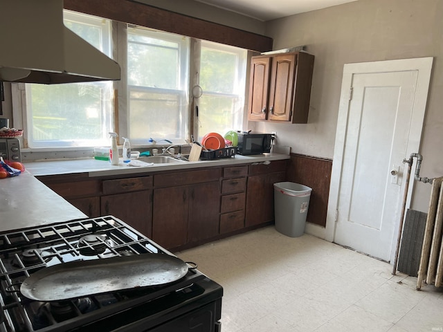 kitchen with range hood, black appliances, plenty of natural light, and dark brown cabinetry