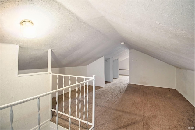 additional living space with carpet floors, a textured ceiling, and lofted ceiling