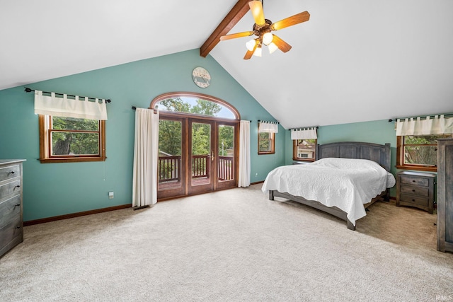 bedroom featuring carpet, lofted ceiling with beams, ceiling fan, and access to exterior