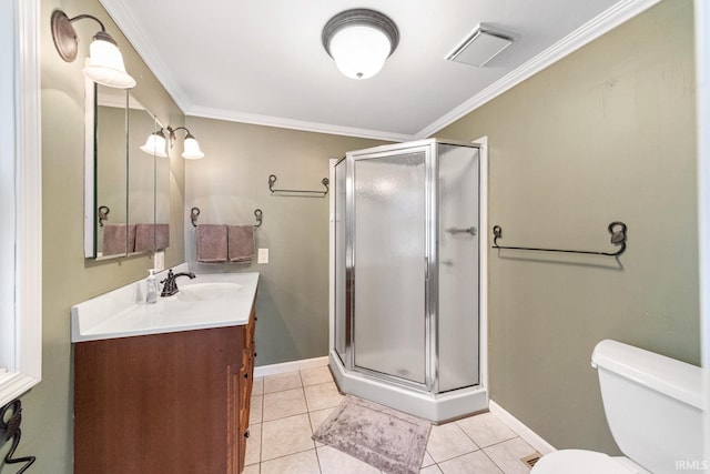 bathroom featuring walk in shower, vanity, crown molding, and toilet