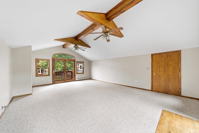 unfurnished living room featuring vaulted ceiling with beams, ceiling fan, baseboard heating, and carpet floors