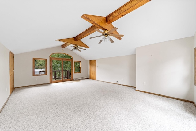 unfurnished living room featuring lofted ceiling with beams, a baseboard heating unit, carpet, and ceiling fan