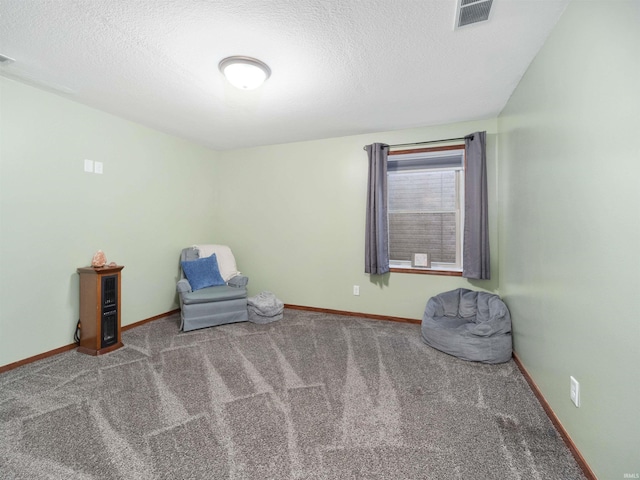 sitting room with carpet floors and a textured ceiling