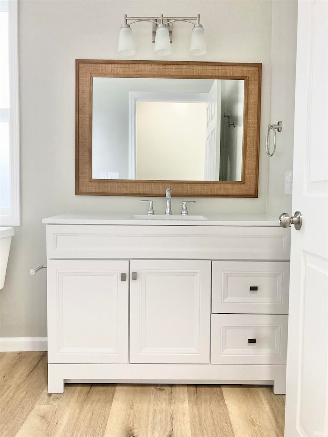 bathroom with vanity and hardwood / wood-style floors