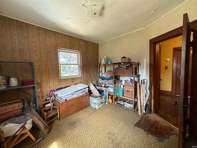 miscellaneous room featuring wood walls