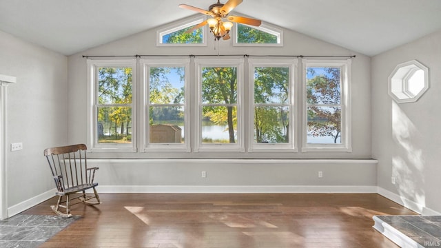 interior space featuring lofted ceiling and ceiling fan