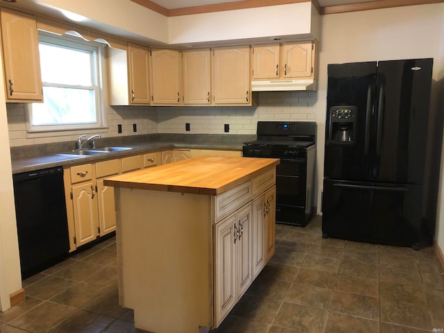 kitchen featuring decorative backsplash, a kitchen island, wooden counters, black appliances, and sink