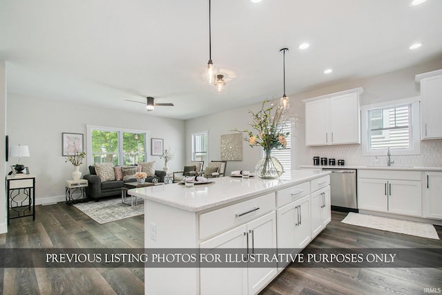 kitchen with stainless steel dishwasher, white cabinetry, dark hardwood / wood-style floors, and a wealth of natural light