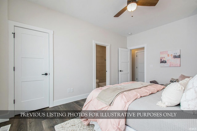 bedroom with ensuite bath, ceiling fan, and dark hardwood / wood-style flooring