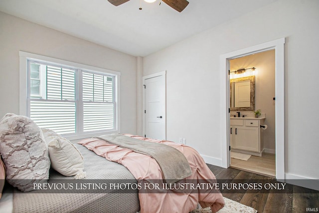 bedroom featuring ceiling fan, ensuite bath, and dark hardwood / wood-style flooring