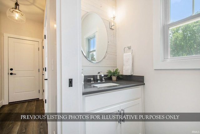 bathroom featuring vanity and hardwood / wood-style floors