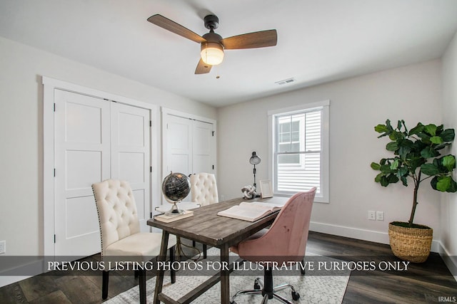 office area with dark hardwood / wood-style flooring and ceiling fan