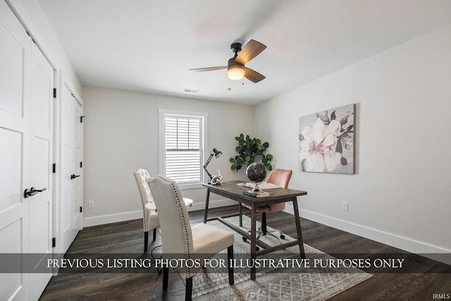 dining space with ceiling fan and dark hardwood / wood-style flooring