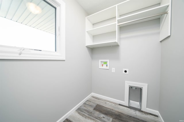 clothes washing area featuring hookup for an electric dryer, washer hookup, and hardwood / wood-style flooring