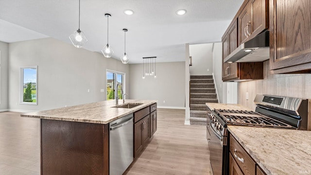 kitchen featuring a center island with sink, appliances with stainless steel finishes, sink, and a healthy amount of sunlight