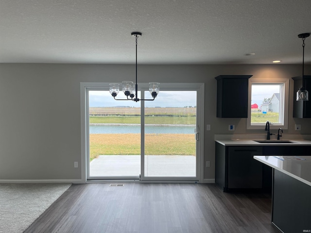 kitchen featuring a water view, sink, hanging light fixtures, and hardwood / wood-style floors