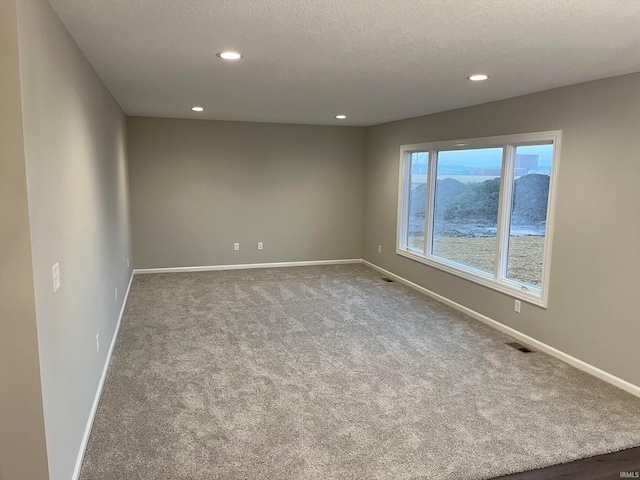 carpeted spare room with a mountain view and a textured ceiling