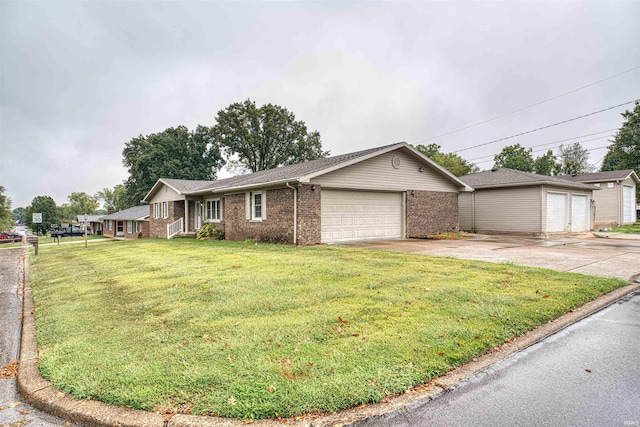 single story home with a front yard and a garage