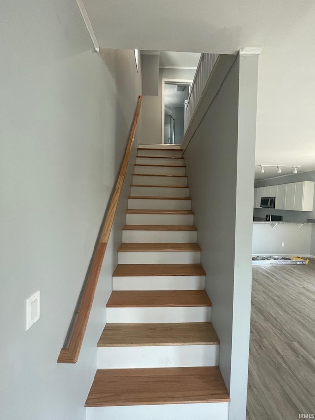 stairway with wood-type flooring