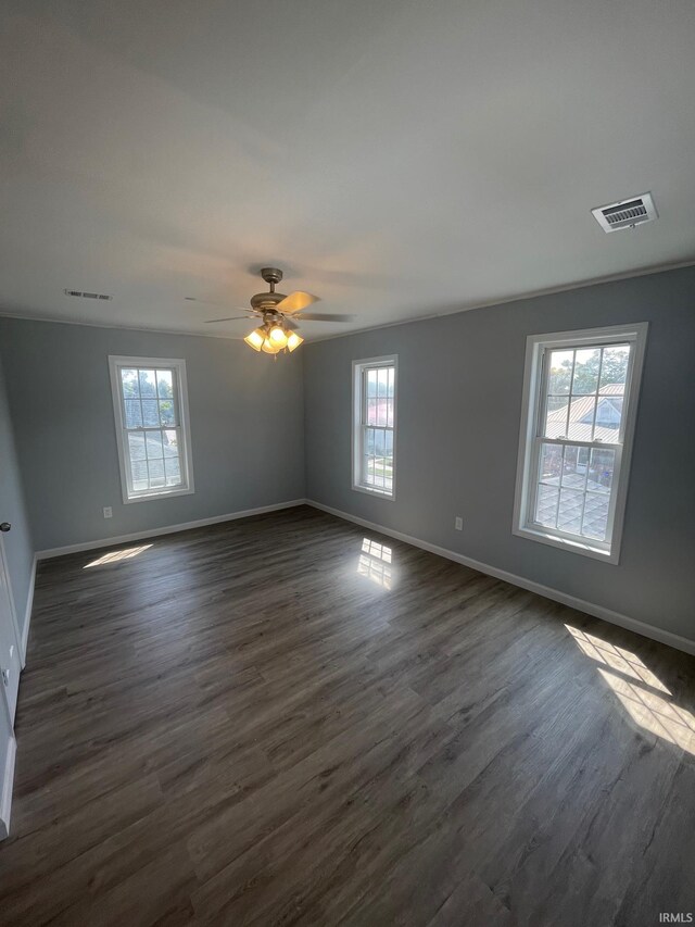 spare room featuring dark hardwood / wood-style flooring, ceiling fan, and plenty of natural light