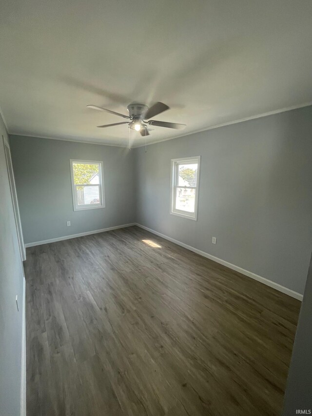 empty room featuring ornamental molding, ceiling fan, plenty of natural light, and dark hardwood / wood-style flooring