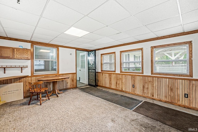 interior space featuring wooden walls, a paneled ceiling, ornamental molding, and carpet