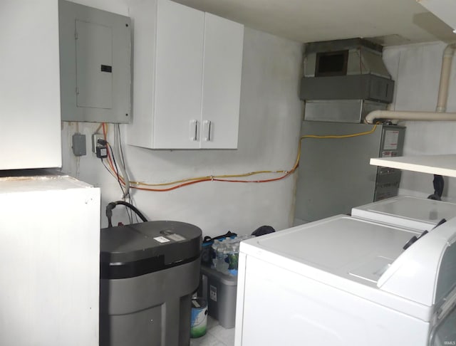 laundry area with heating unit, electric panel, and independent washer and dryer