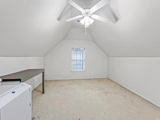 additional living space with ceiling fan, light carpet, and vaulted ceiling