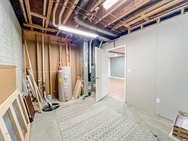 basement with heating unit and water heater