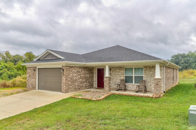 ranch-style house with a garage and a front lawn