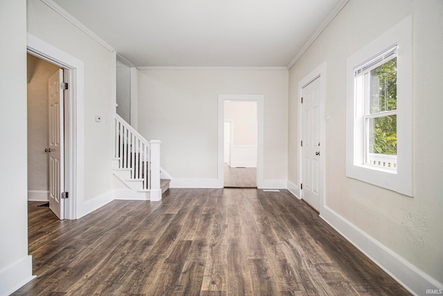 entryway featuring crown molding and dark wood-type flooring