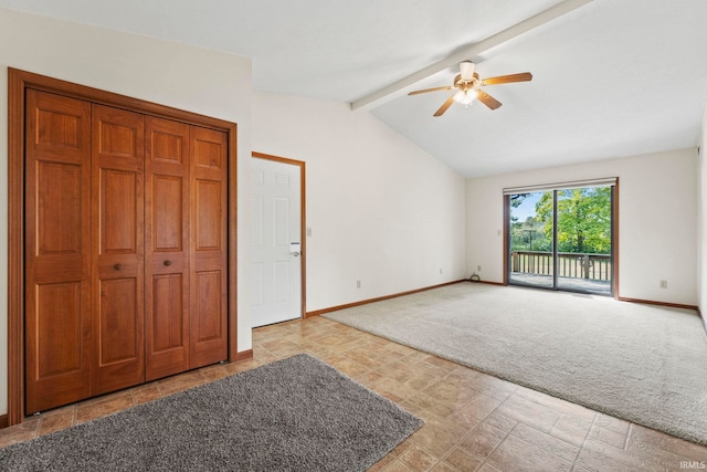 unfurnished bedroom featuring vaulted ceiling with beams, ceiling fan, light colored carpet, and access to exterior