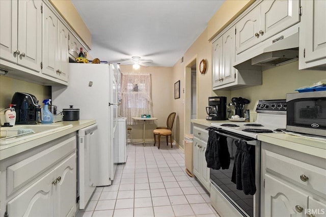 kitchen with ceiling fan, white appliances, and white cabinetry