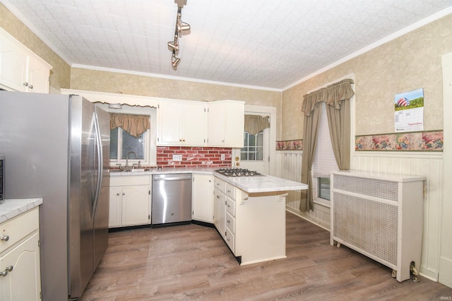 kitchen with appliances with stainless steel finishes, white cabinets, kitchen peninsula, wood-type flooring, and sink