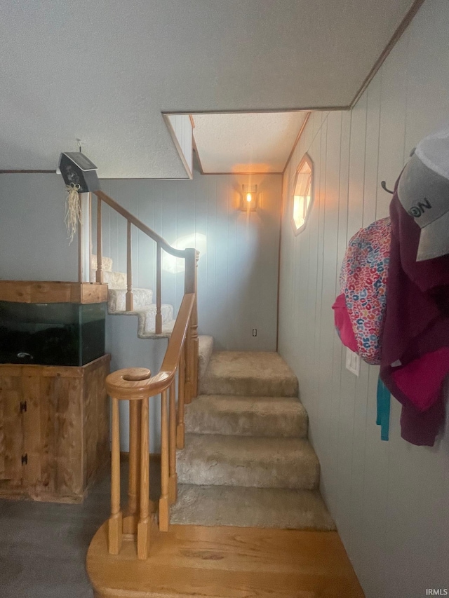 stairway featuring wood-type flooring and wooden walls