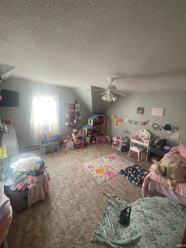 carpeted bedroom with ceiling fan, a textured ceiling, lofted ceiling, and a baseboard heating unit