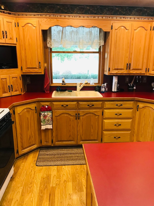 kitchen with black range oven, light hardwood / wood-style floors, and sink